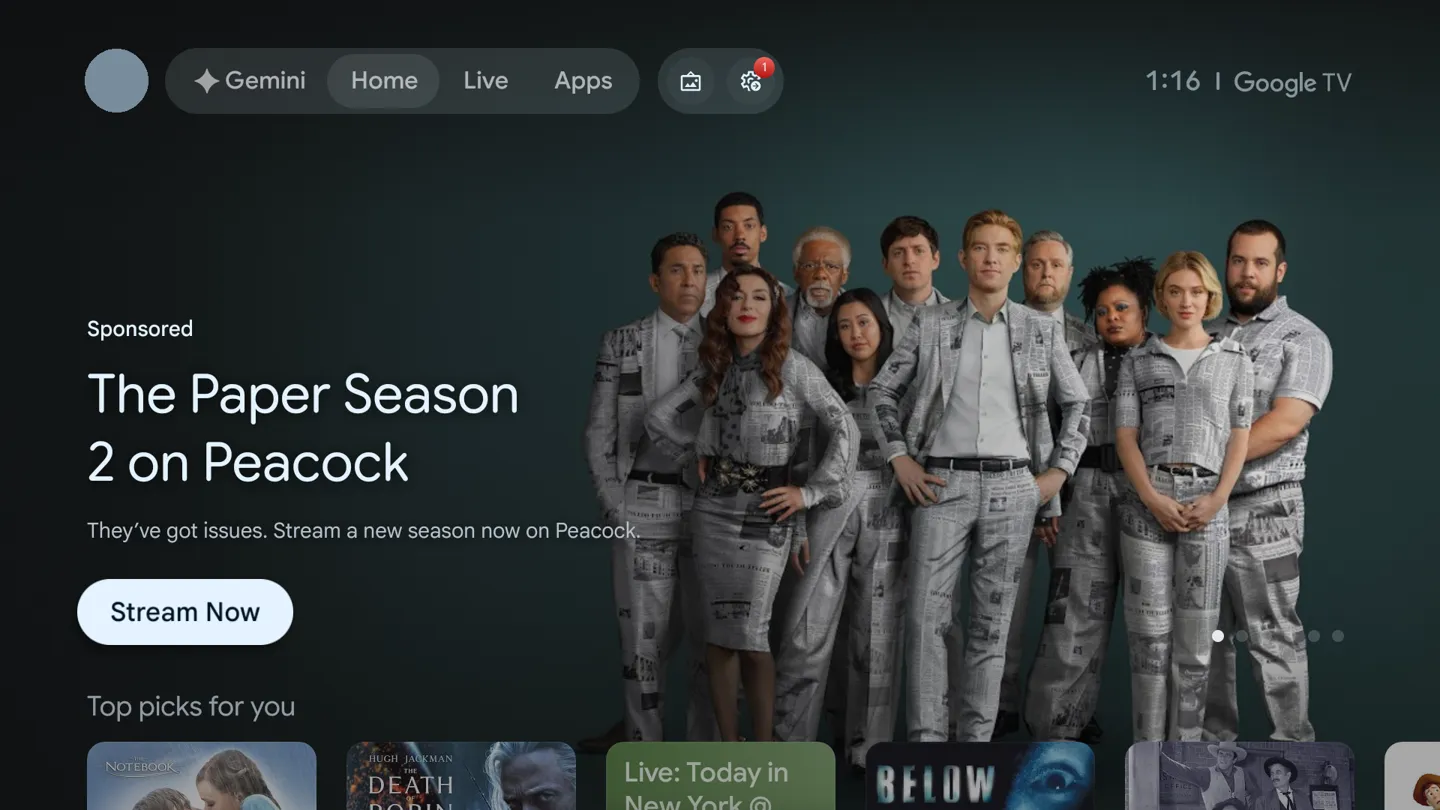 Стоковий Google TV: екран займає спонсорський банер